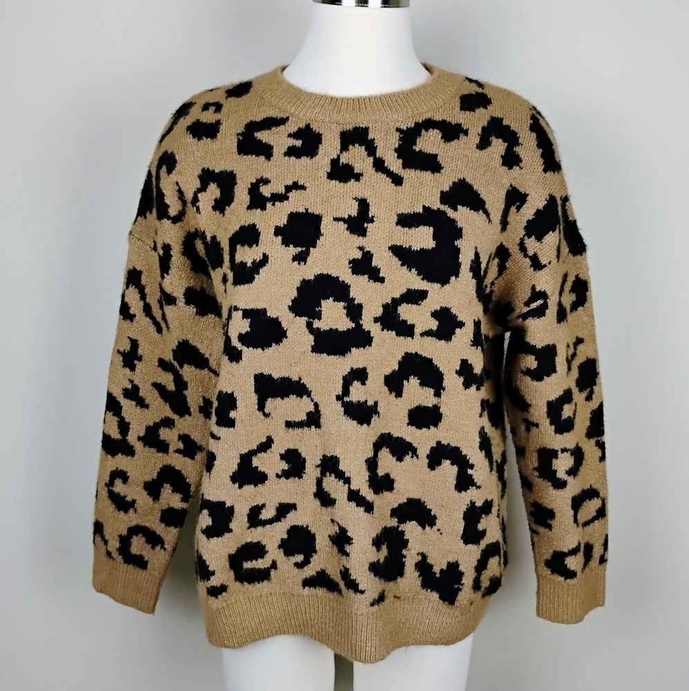 Hudson Gray Leopard Print Pullover Sweater Size S Crew Neck‎ Fuzzy Long Sleeves